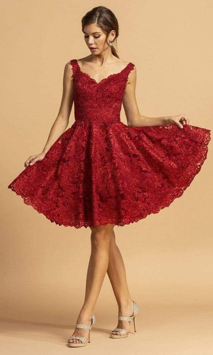 Aspeed Design - S2123 Scoop Back Lace A-Line Dress Homecoming Dresses XXS / Burgundy