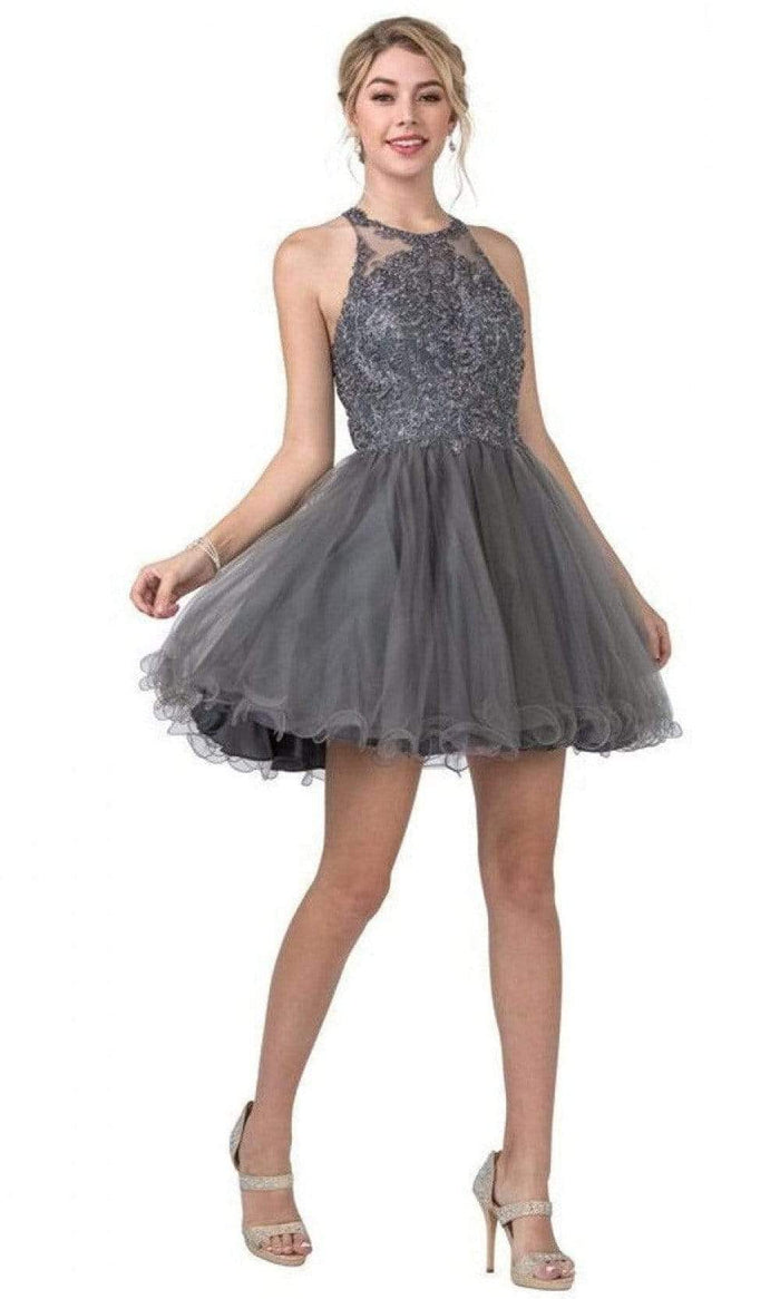 Aspeed Design - S2335 Appliqued Strappy Back Short Dress Homecoming Dresses XXS / Charcoal