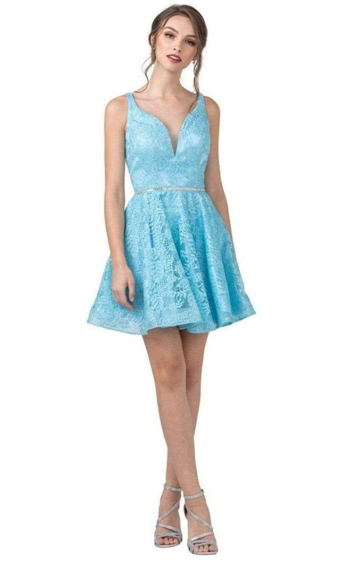 Aspeed Design - S2362 V Neck Lace Short Dress Cocktail Dresses XXS / Aqua