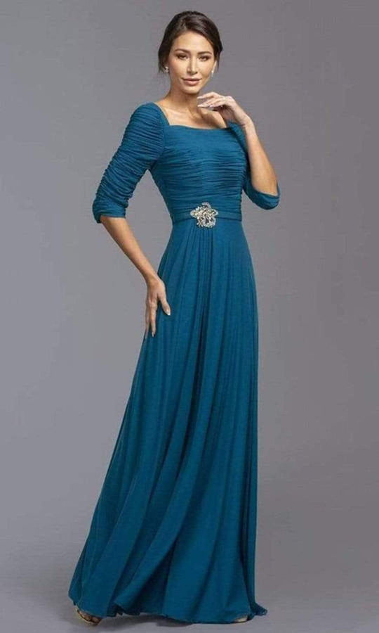 Aspeed Design - Square Neck Shirred A-Line Dress M2195 - 1 pc Teal In Size M Available CCSALE M / Teal