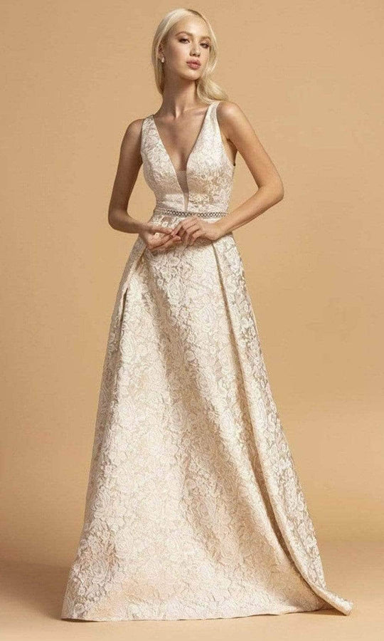 Aspeed Design - V-Neck Floral Lace Evening Dress D310 - 1 pc Rosegold In Size S Available CCSALE S / Rosegold