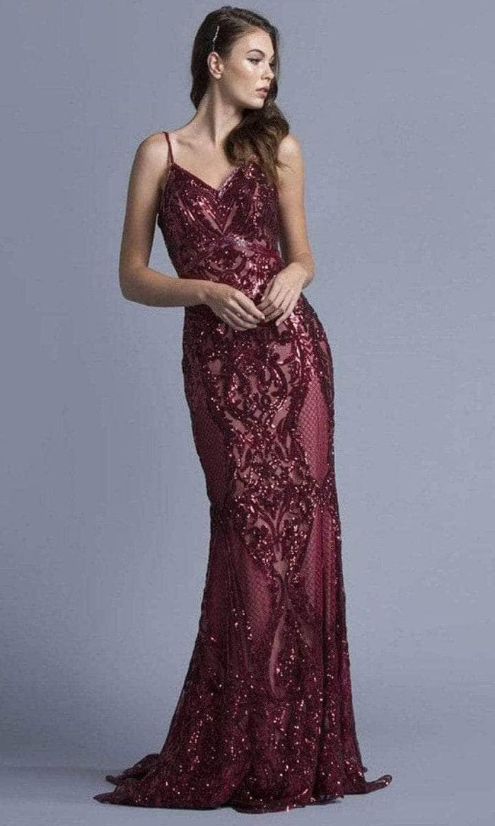 Aspeed Design - V-Neck Sequin Evening Dress L1982 - 1 pc Burgundy In Size S Available CCSALE S / Burgundy