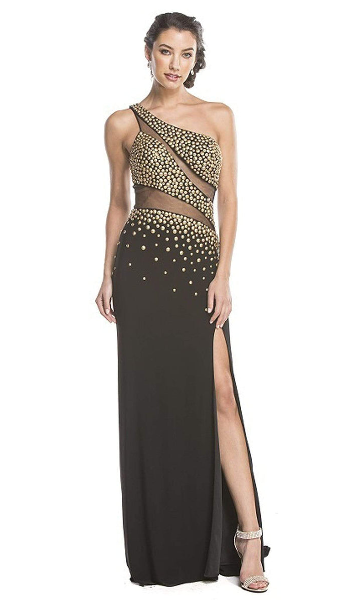 Asymmetrical Embellished Sheer Evening Dress Dress XXS / Black-Gold
