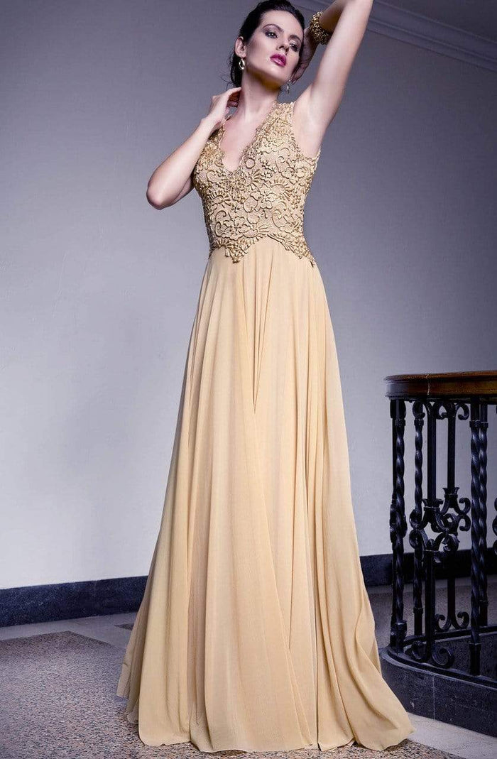 Baccio Couture - 2771 Sleeveless V Neck Painted Metallic Silicon Bodice A-Line Gown - 1 pc Tan In Size M Available CCSALE M / Tan