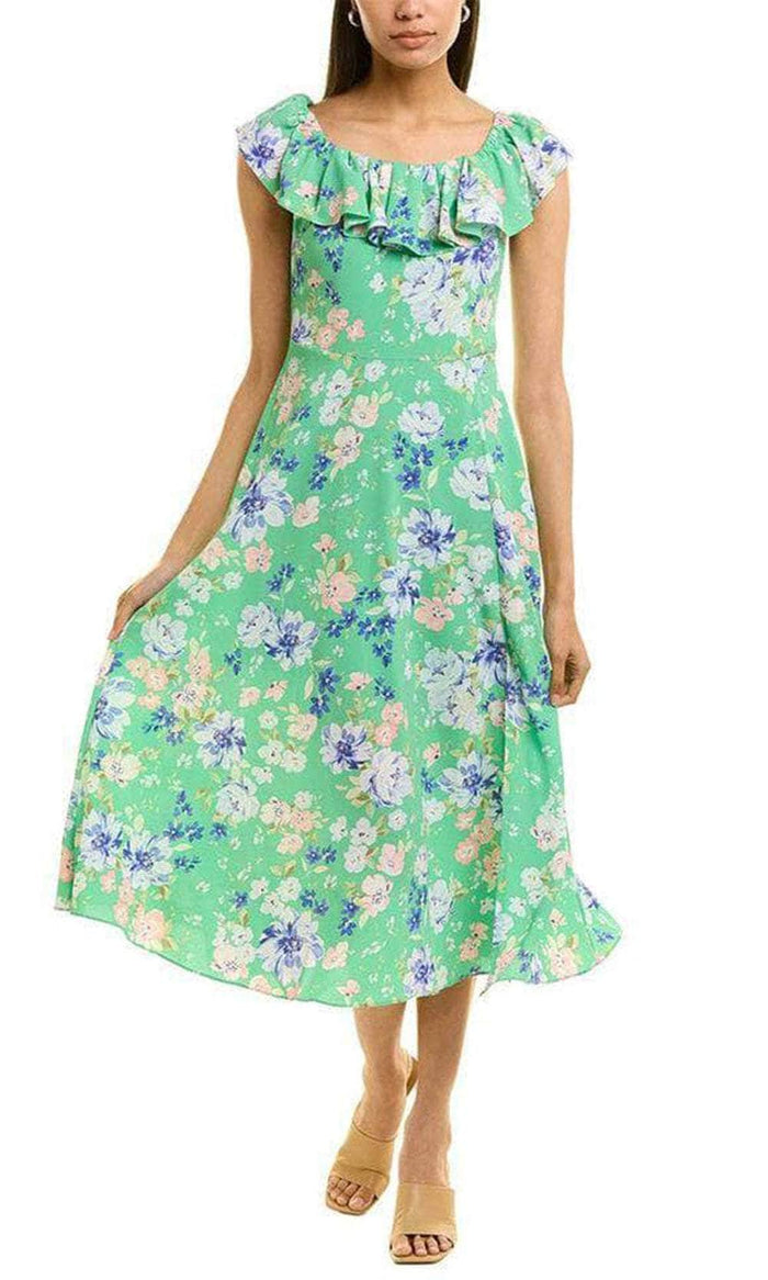 BCBG Generation GT03D71 - Ruffle Trimmed Floral Dress Special Occasion Dress 0 / Green Multi