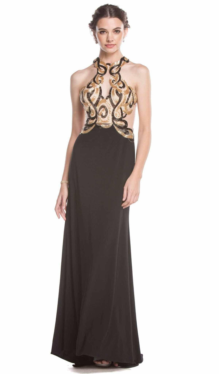 Bead Embellished Halter Sheath Evening Dress Evening Dresses XXS / Black-Gold