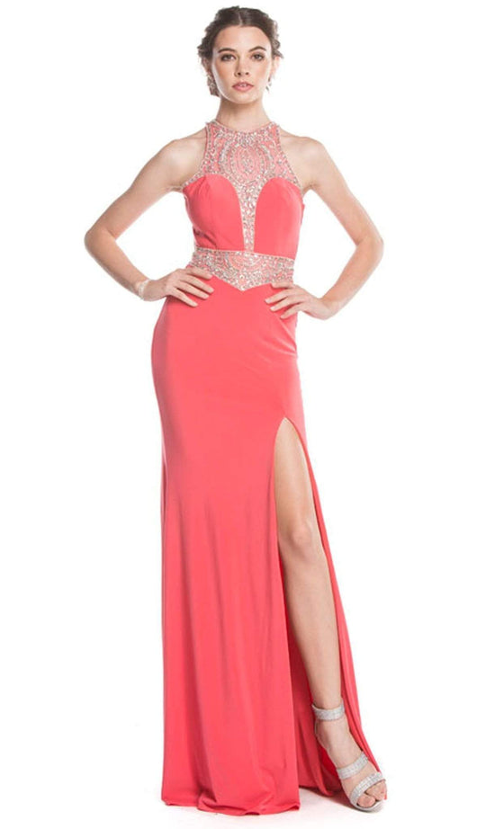Bedazzled Halter Neckline Sheath Prom Dress Prom Dresses XXS / Coral