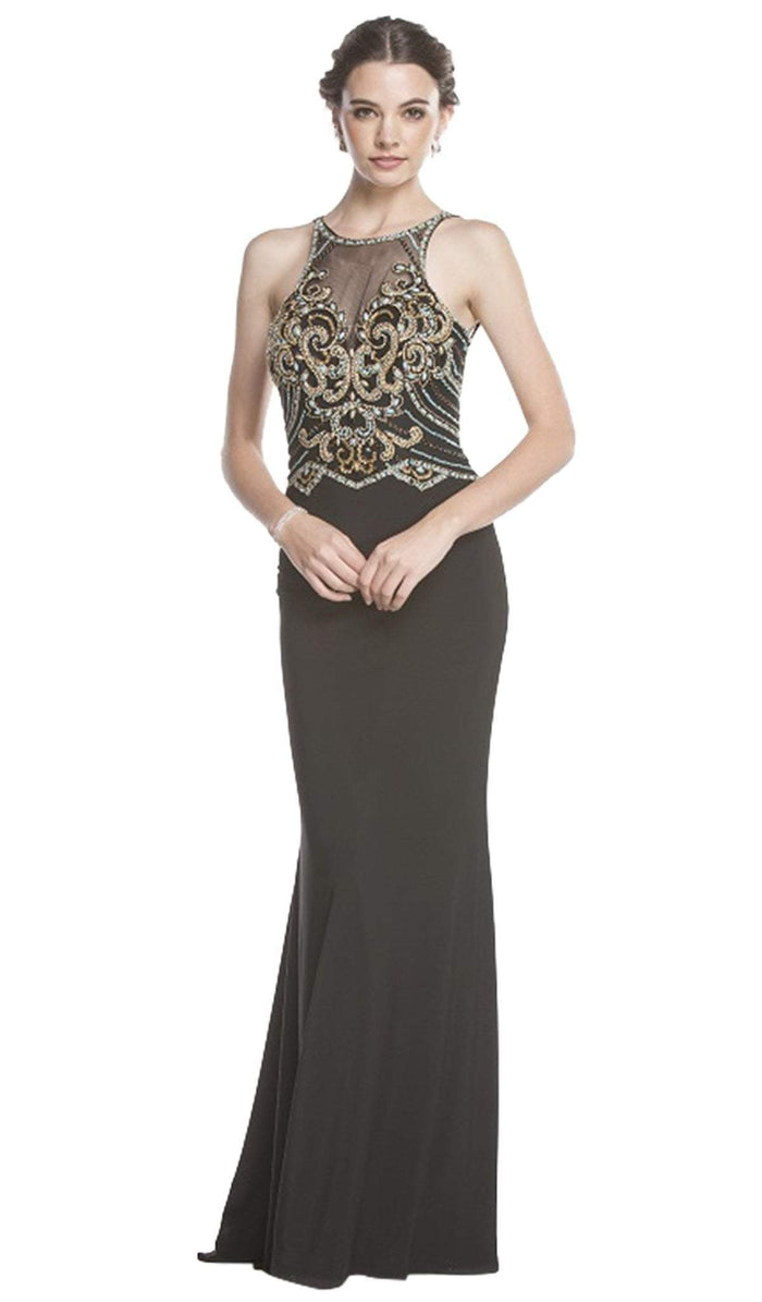 Bedazzled Illusion Halter Fitted Evening Dress Evening Dressses XXS / Black