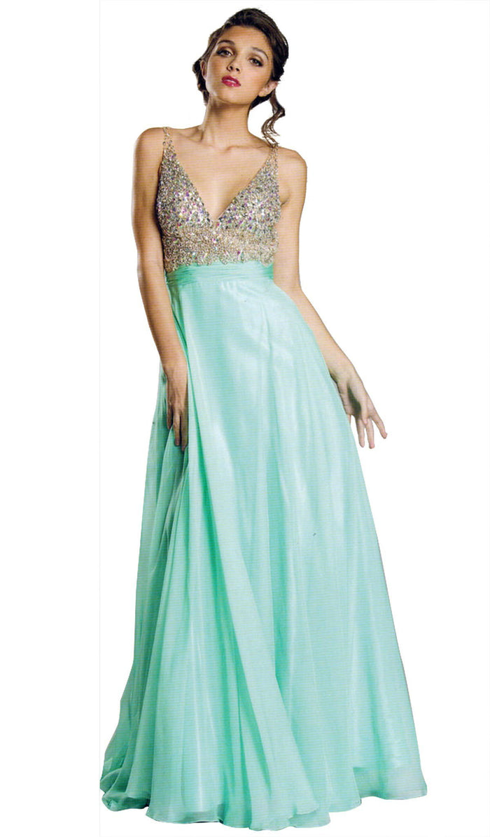Bedazzled Sleeveless Deep V Neckline Prom Dress Dress XXS / Mint