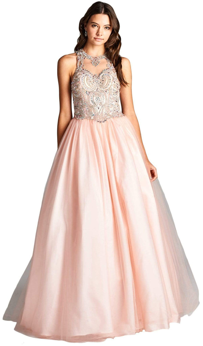 Bejeweled Illusion Halter Evening Ballgown Dress XXS / Blush