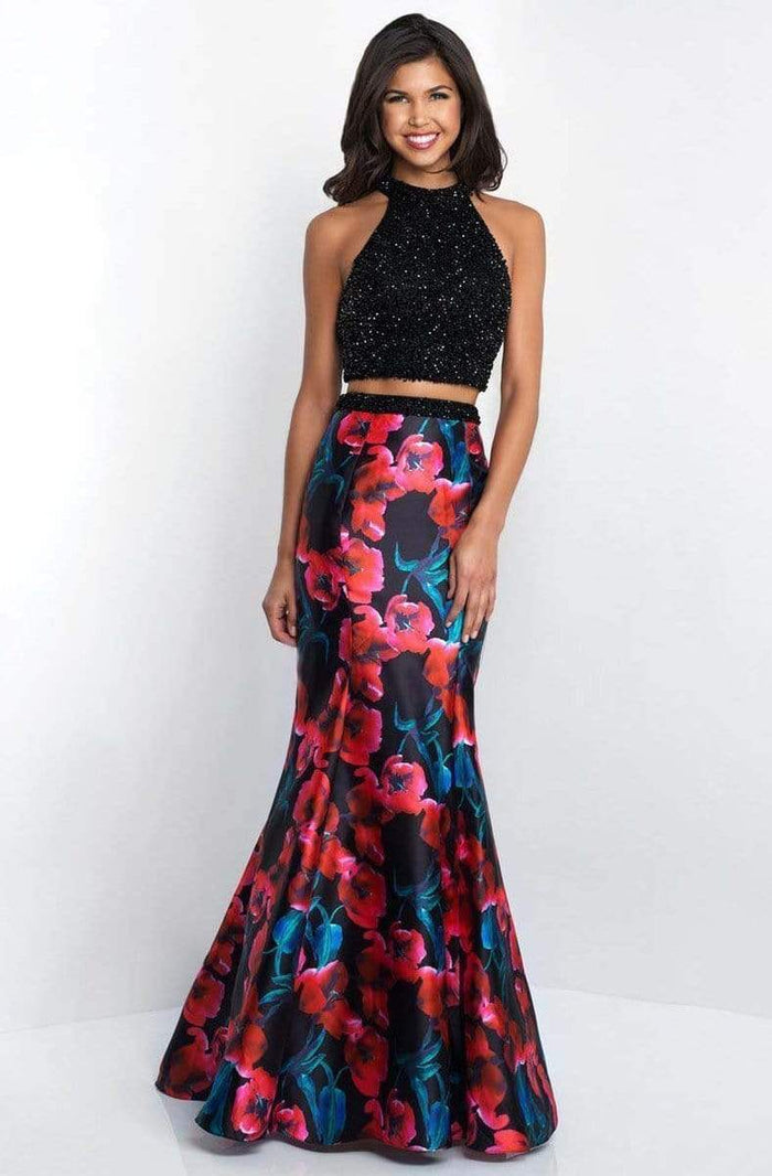 Blush - 11509 Two Piece Beaded Halter Floral Mermaid Gown Special Occasion Dress 0 / Black/Multi
