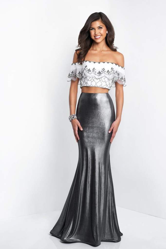 Blush  - 11558 Two-Piece Ruffled Off-Shoulder Metallic Shimmer Mermaid Gown - 1 pc Off White/Gunmetal In Size 6 Available CCSALE 6 / Off White/Gunmetal