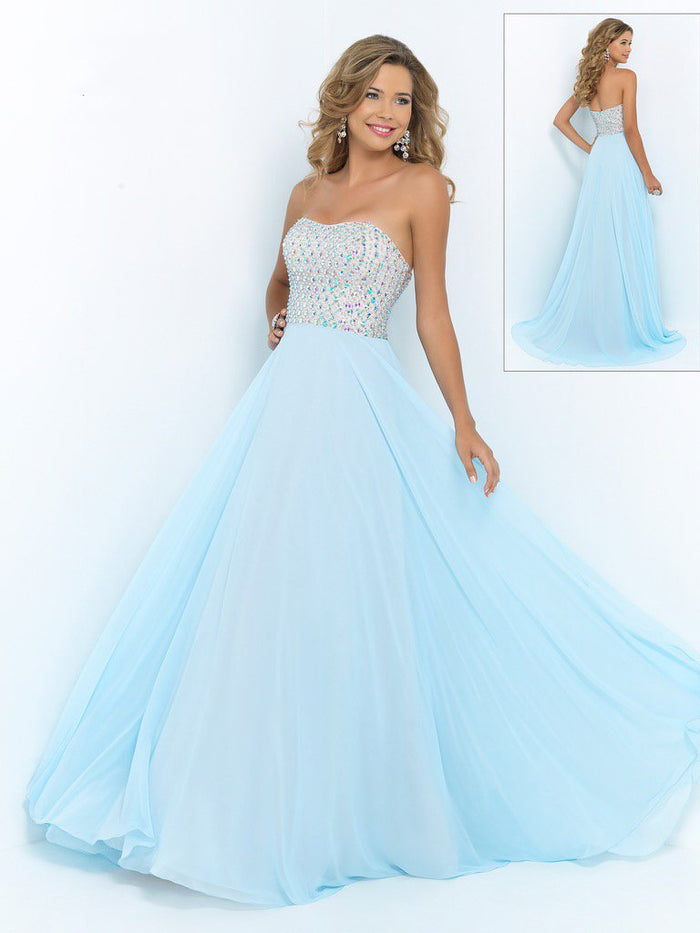 Blush by Alexia Designs Bejeweled Bodice Strapless Chiffon Gown X207- 1 pc Ice Blue In Size 2 Available CCSALE 2 / Ice Blue