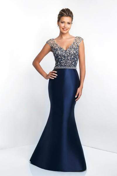 Blush Social Occasion - S2003 Beaded V-Neck Mikado Mermaid Evening Gown CCSALE 12 / Navy/Nude
