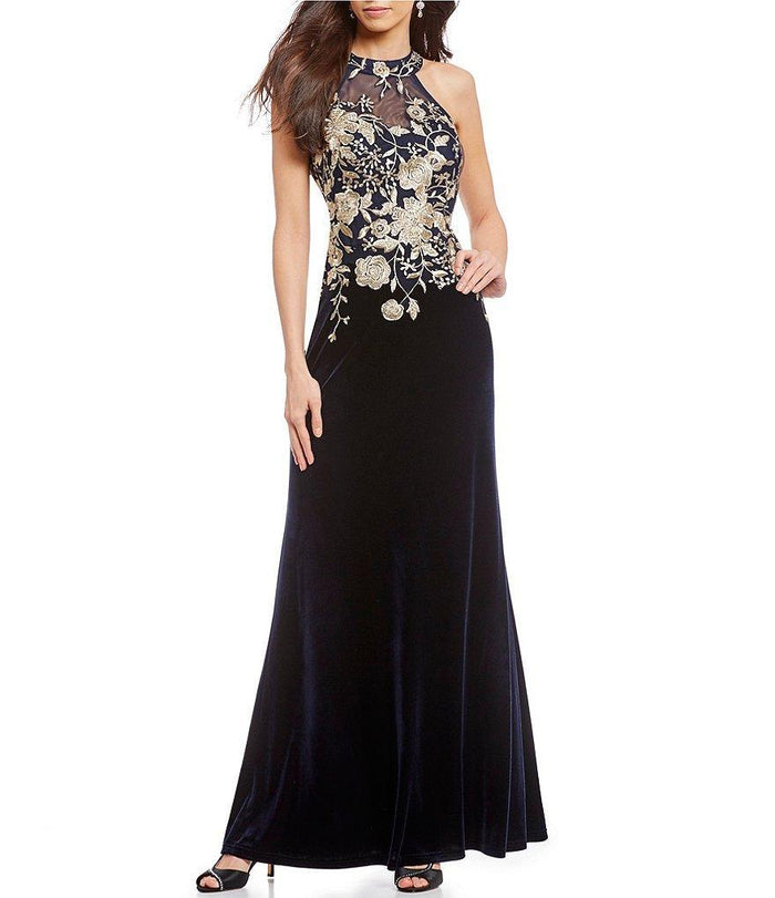 Cachet - Floral Embroidered Halter Evening Dress 59820 - 1 pc Black Gold In Size 4 Available CCSALE 16 / Black Gold
