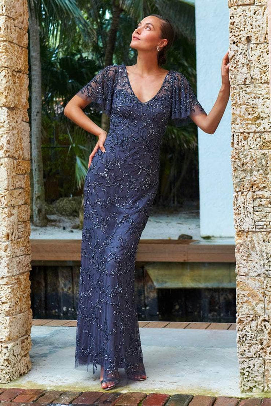 Cameron Blake - 221681 Beaded V Neck Long Sheath Dress