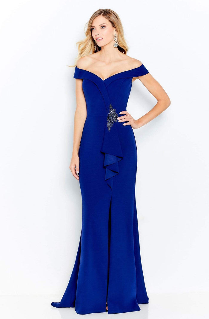 Cameron Blake by Mon Cheri - 120614 Beaded Off-Shoulder Sheath Dress Mother of the Bride Dresses 4 / Navy
