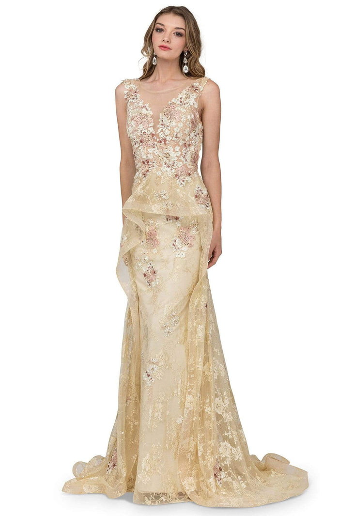 Cecilia Couture - 1402 Floral Lace Embroidered Gown with Overskirt Evening Dresses 0 / Champagne
