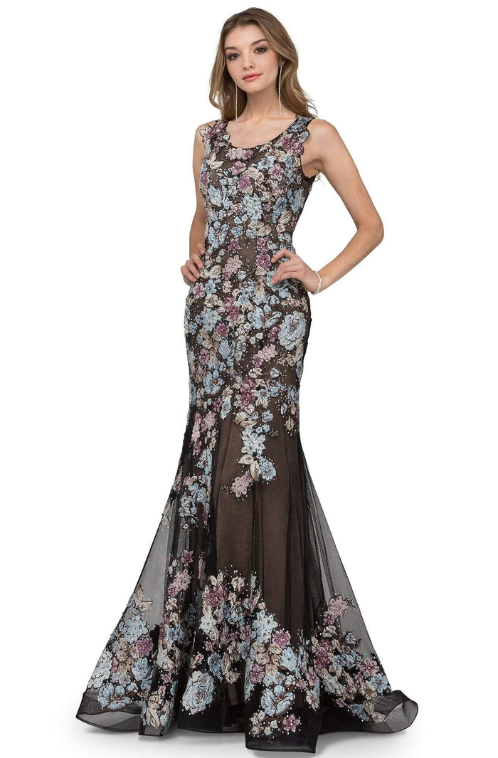 Cecilia Couture - 1404 Floral Applique Scoop Neck Trumpet Gown Prom Dresses 0 / Black/Embroidered
