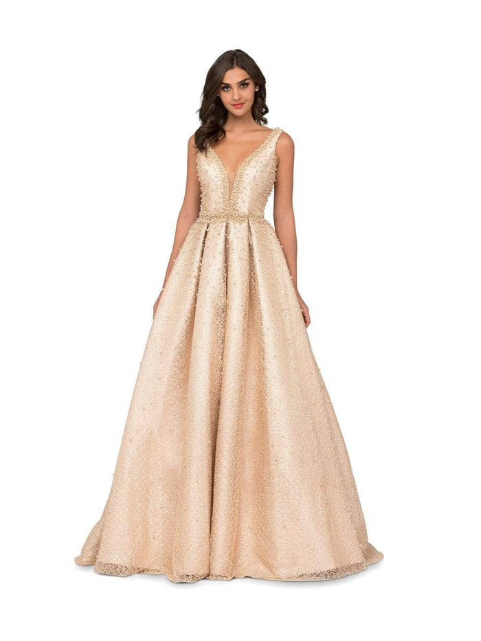 Cecilia Couture - 1409 Pearl Beaded Sleeveless V Neck Gown Formal Gowns 0 / Champagne