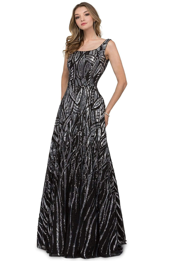 Cecilia Couture - 1435 Sequined Scoop Neck A-line Gown Evening Dresses 0 / Black/Silver