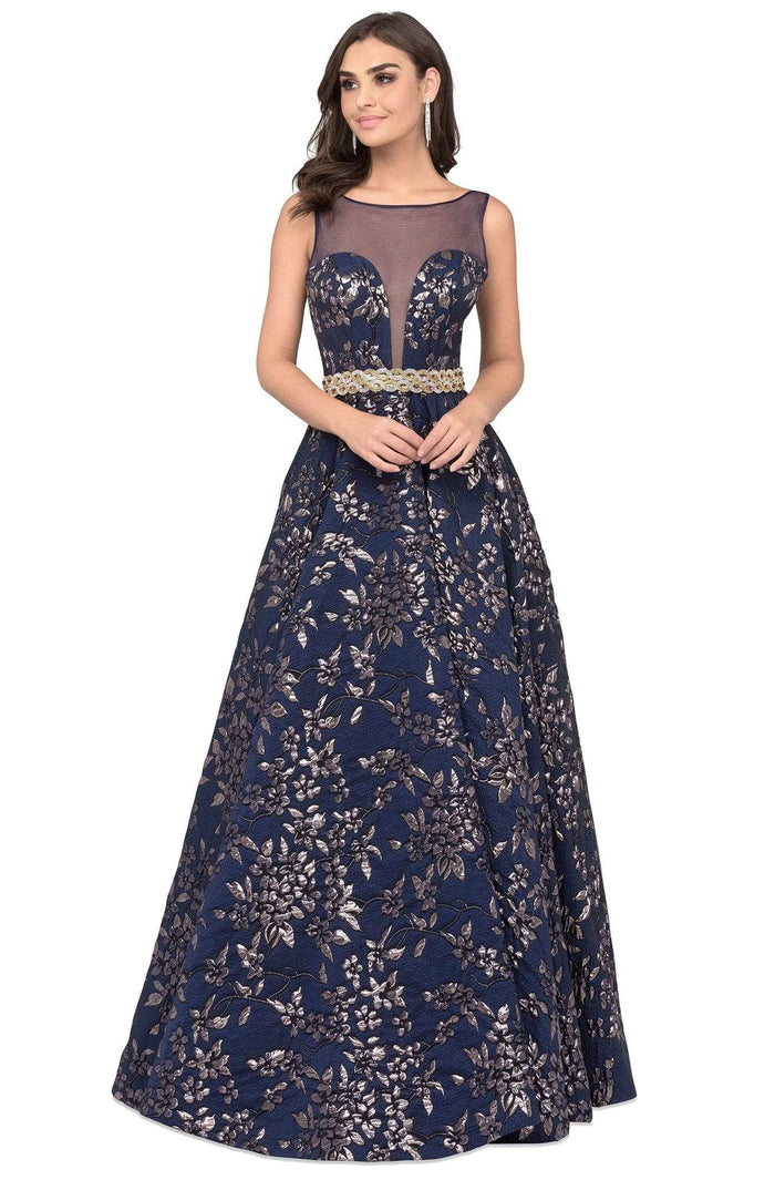 Cecilia Couture - 1456 Illusion Bateau Printed A-line Gown Pageant Dresses 0 / Navy/Gold