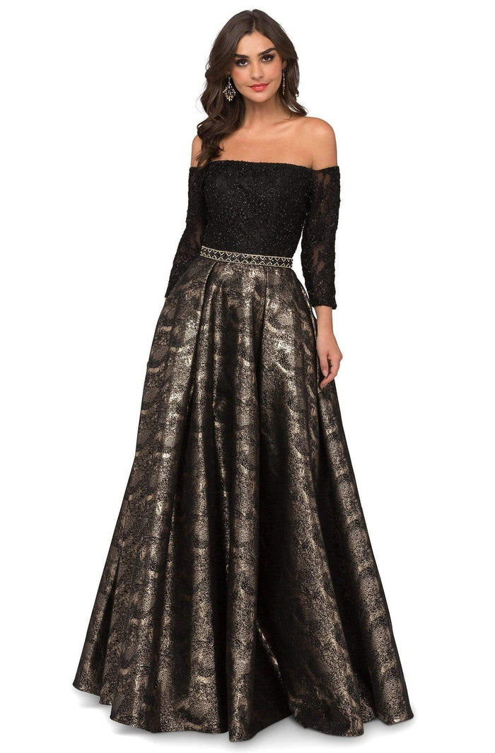 Cecilia Couture - 1465 Embellished Off-Shoulder A-line Gown Evening Dresses 0 / Black/Gold