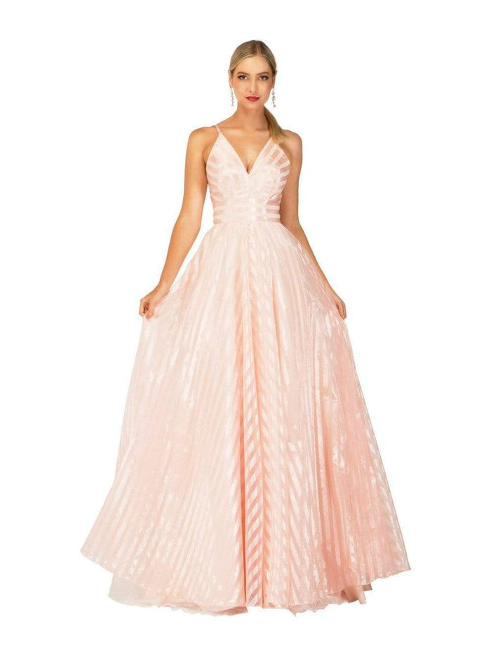 Cecilia Couture - 1471 Bow Accent Cutout Back Satin Stripe A-Line Gown Prom Dresses 0 / Peach