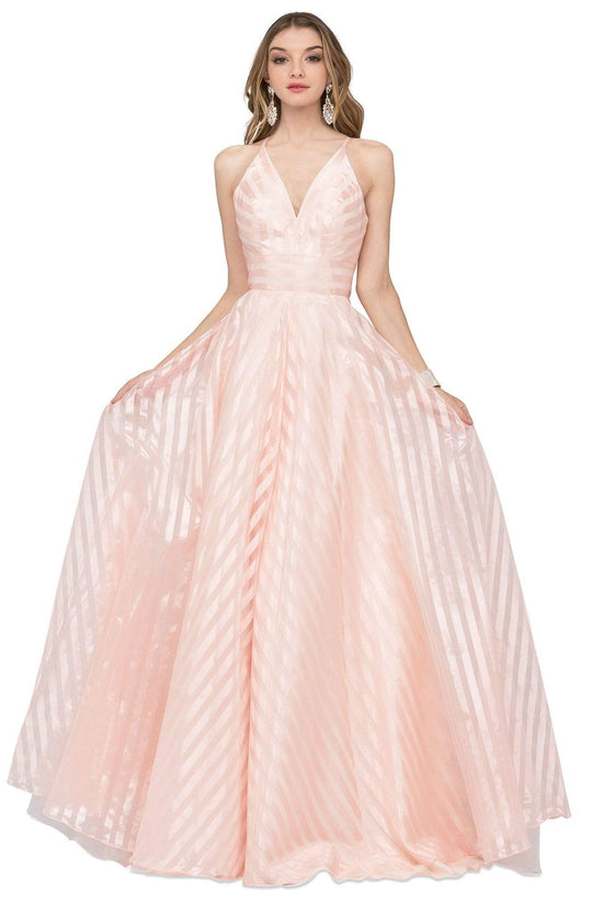 Cecilia Couture - 1471 Bow Accent Cutout Back Satin Stripe A-Line Gown