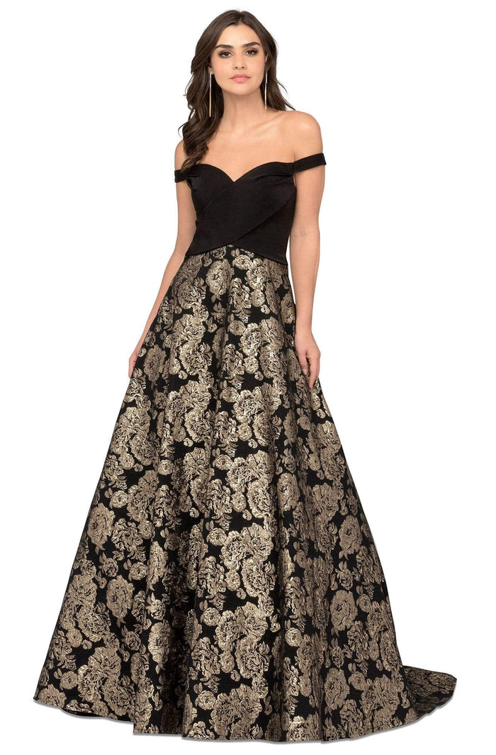 Cecilia Couture - 1483 Off-Shoulder Printed Ballgown With Train Evening Dresses 0 / Black/Gold