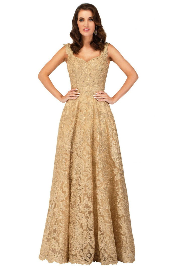 Cecilia Couture - 1485 Embroidered V-neck A-line Gown Prom Dresses 0 / Gold
