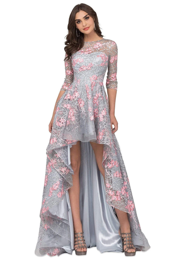 Cecilia Couture - 1495 Floral Applique High Low A-line Dress Prom Dresses 0 / Silver/Floral