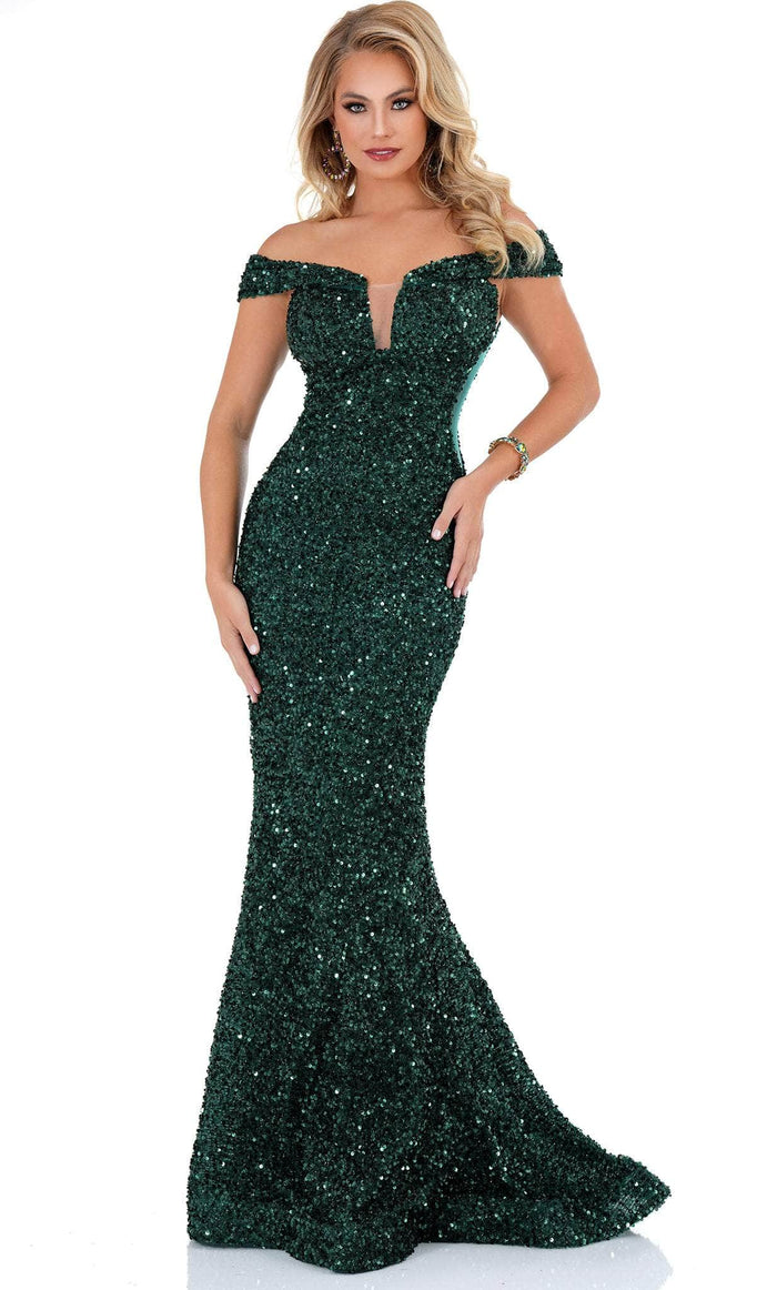 Cecilia Couture 1559 - Off-Shoulder Sequined Evening Gown Special Occasion Dress 0 / Emerald