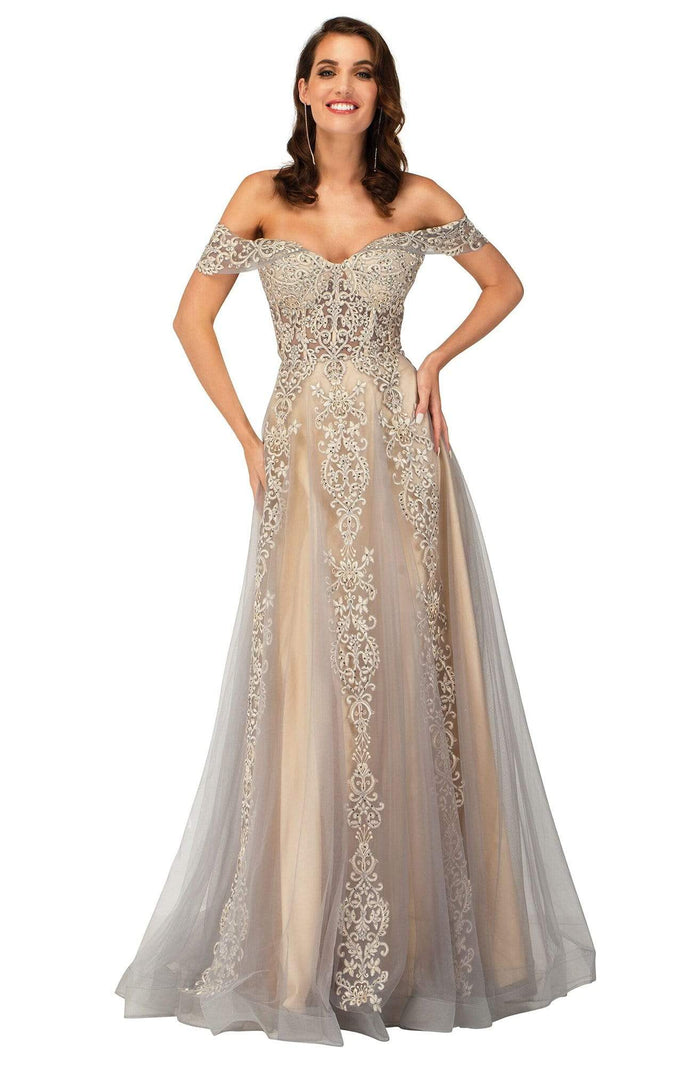 Cecilia Couture - 2111 Off-Shoulder Embellished Long Dress Prom Dresses 0 / Taupe/Nude