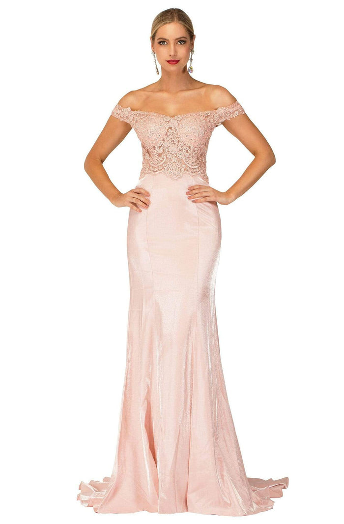 Cecilia Couture - 2142 Off-Shoulder Laced Long Dress Evening Dresses 0 / Pink