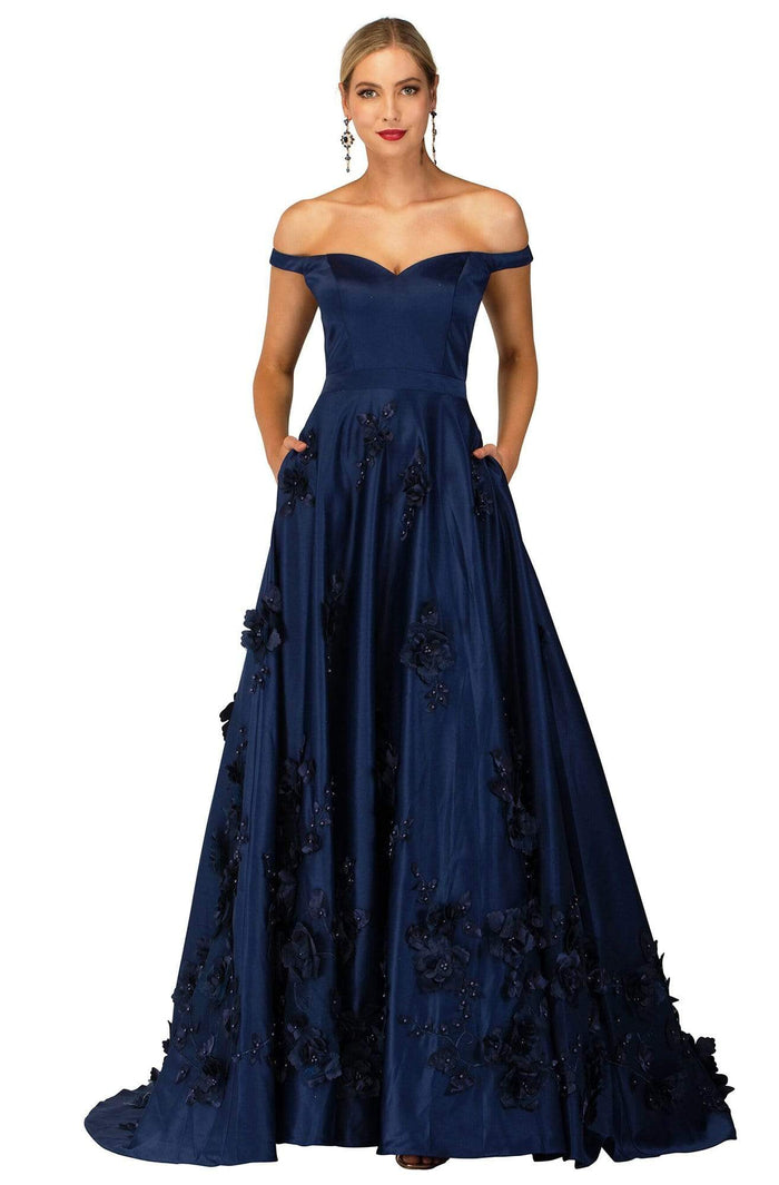 Cecilia Couture - 2144 Semi-sweetheart Floral A-line Dress Evening Dresses 0 / Navy