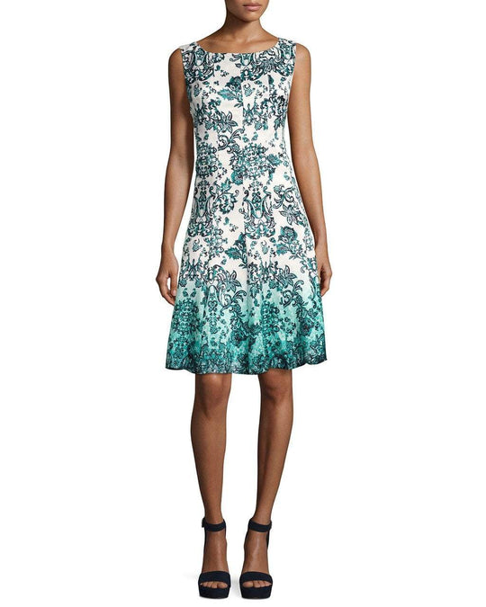 Chetta B - Knee Length Ombre Printed A-Line Dress CCSALE 12 / Aqua Multi