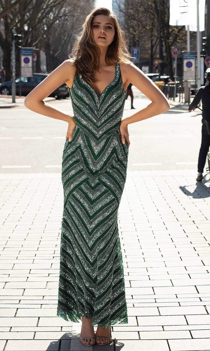 Chic and Holland - AN1415 Chevron Beaded Scoop Back Dress Special Occasion Dress 0 / Green