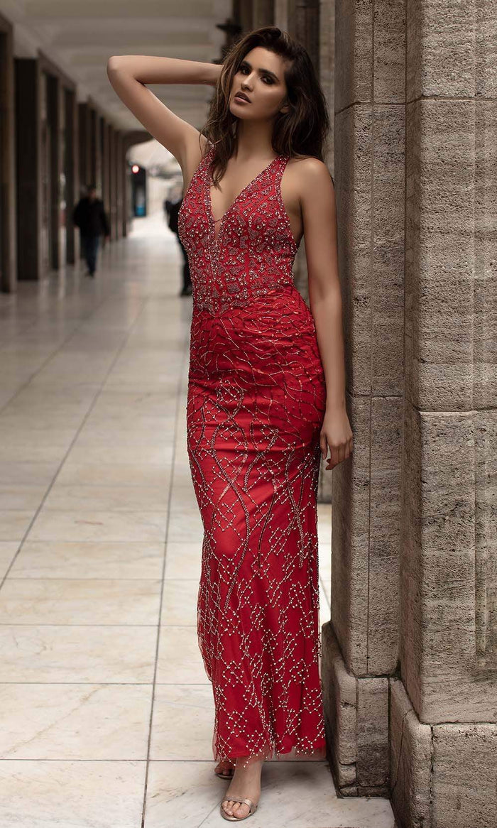 Chic and Holland - AN1433 Sleeveless Beaded Strappy Back Dress Special Occasion Dress 0 / Red