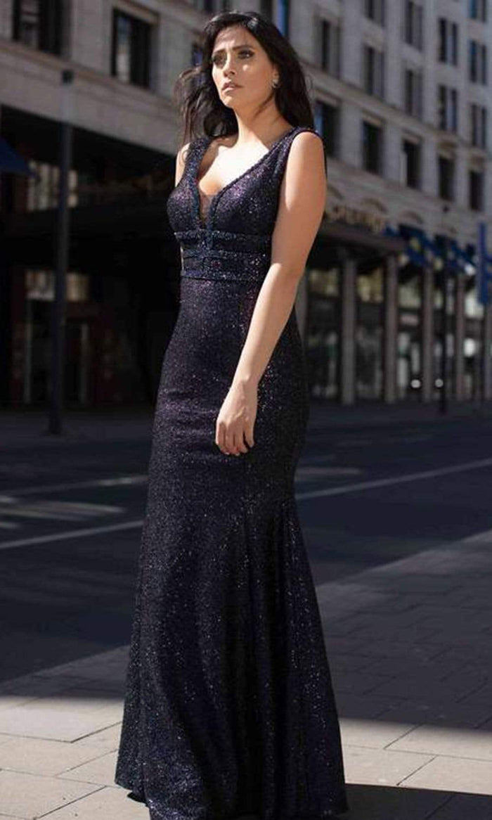 Chic and Holland - AN3007 Plunging Neck Embellished Gown Prom Dresses 0 / Navy Blue