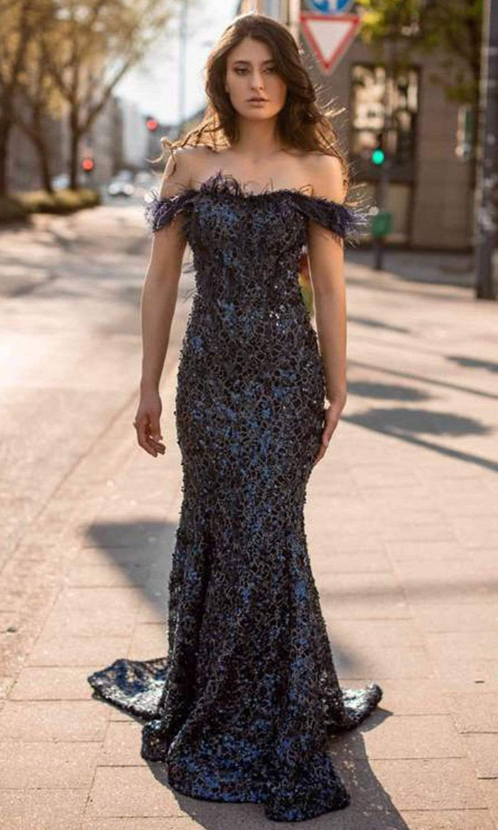 Chic and Holland - AN3079 Off Shoulder Embellished Long Dress Prom Dresses 0 / Navy Bue