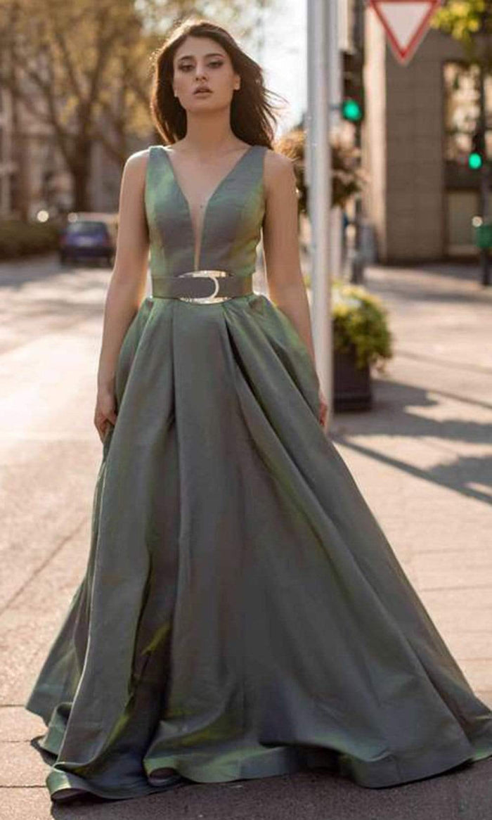 Chic and Holland - AN3107 Low V Neck Belted Ballgown Prom Dresses 0 / Green