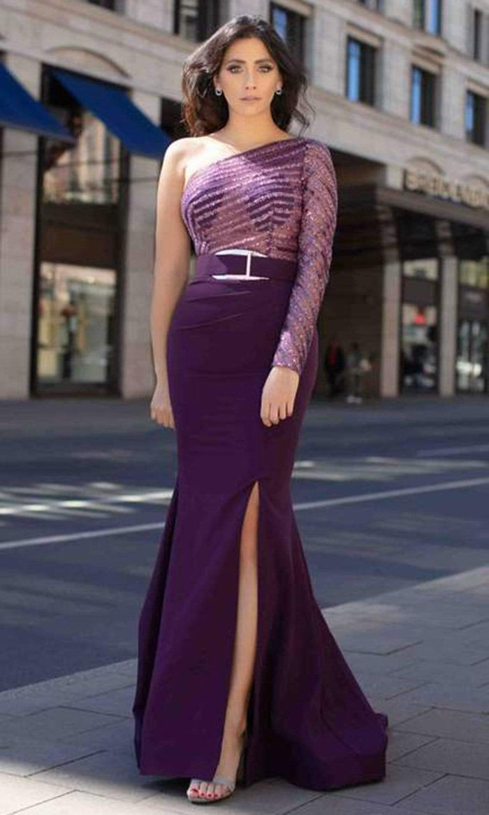 Chic and Holland - AN3123 Asymmetric Sheer Trumpet Dress Prom Dresses 0 / Purple