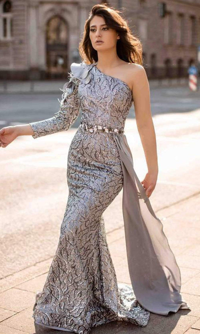 Chic and Holland - AN3151 Leaf Applique Asymmetric Textured Dress Prom Dresses 0 / Grey
