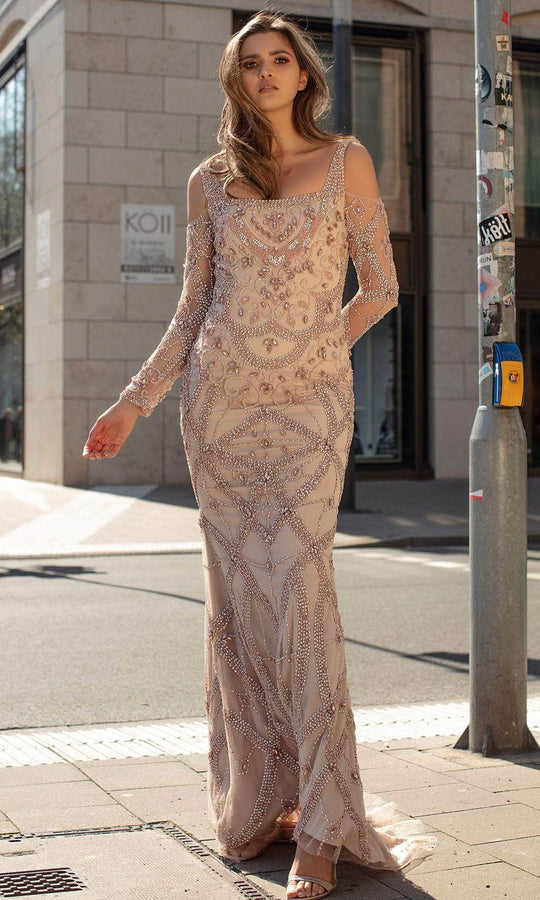 Chic and Holland HF1482 - Long Sleeve Beaded Evening Dress