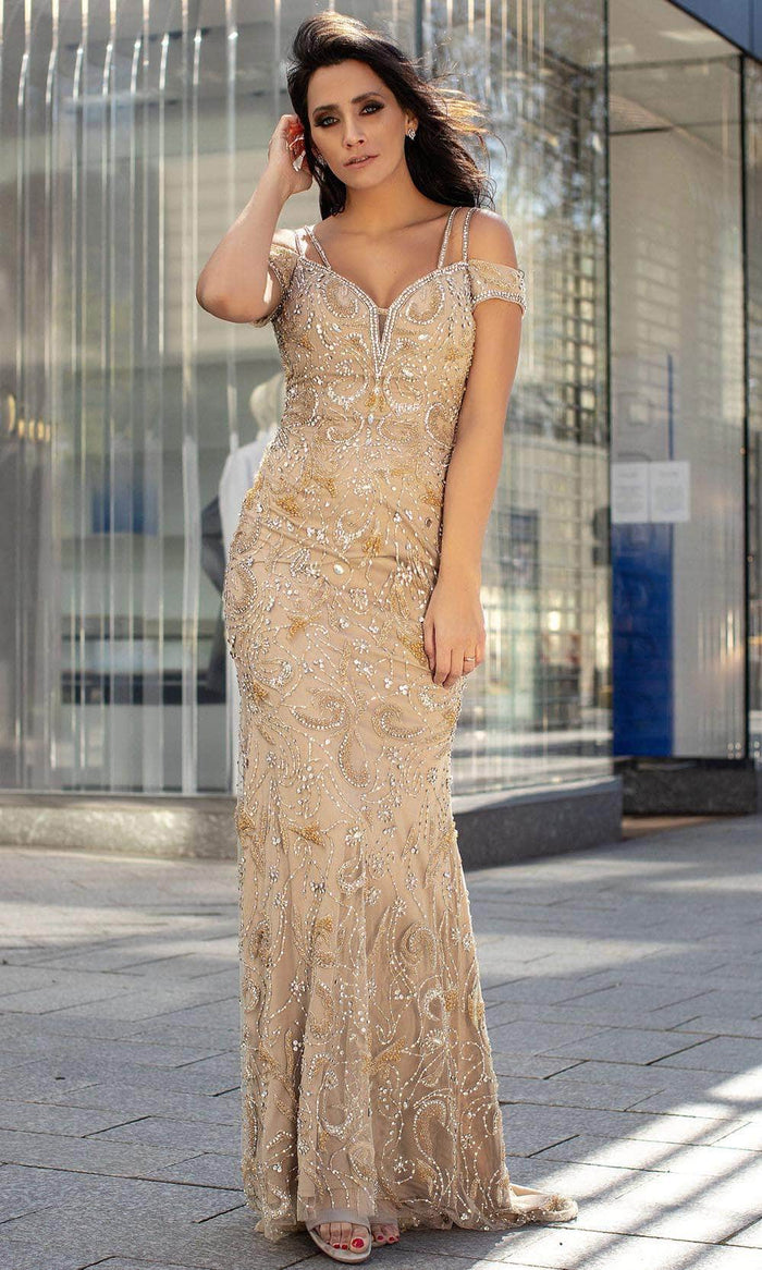 Chic and Holland HF1486 - Beaded Dual Straps Evening Gown Mother of the Bride Dresess 2 / Nude