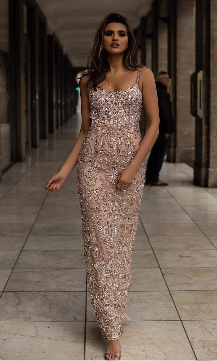 Chic and Holland - HF1510 Jewel Embellished Sheath Gown with Back slit Special Occasion Dress 0 / Blush