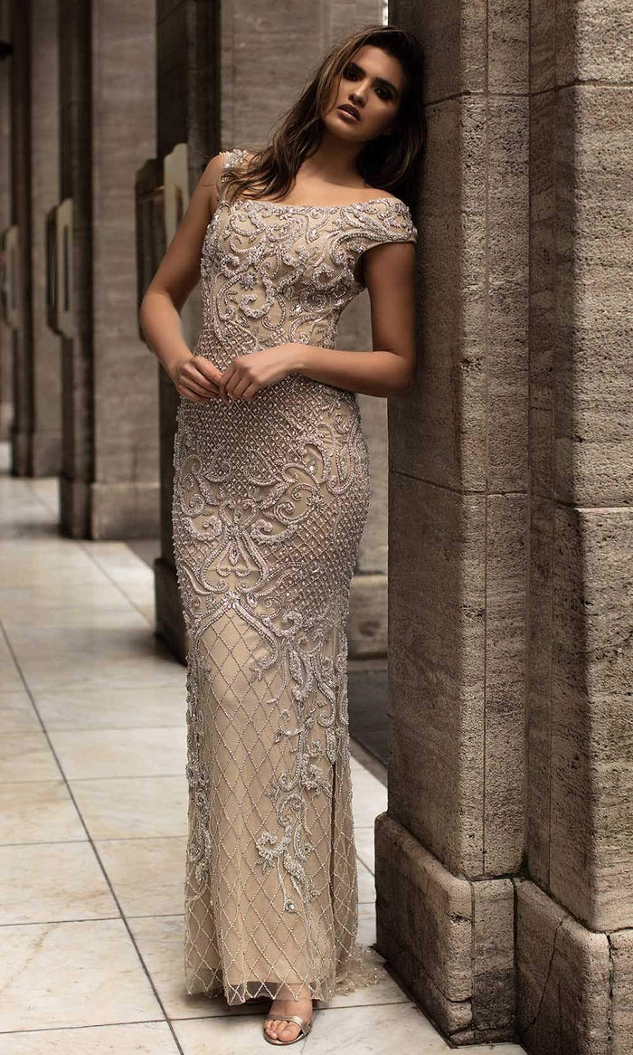 Chic and Holland - HF1520 Bateau Neck Jewel Adorned Sheath Gown Special Occasion Dress 0 / Nude