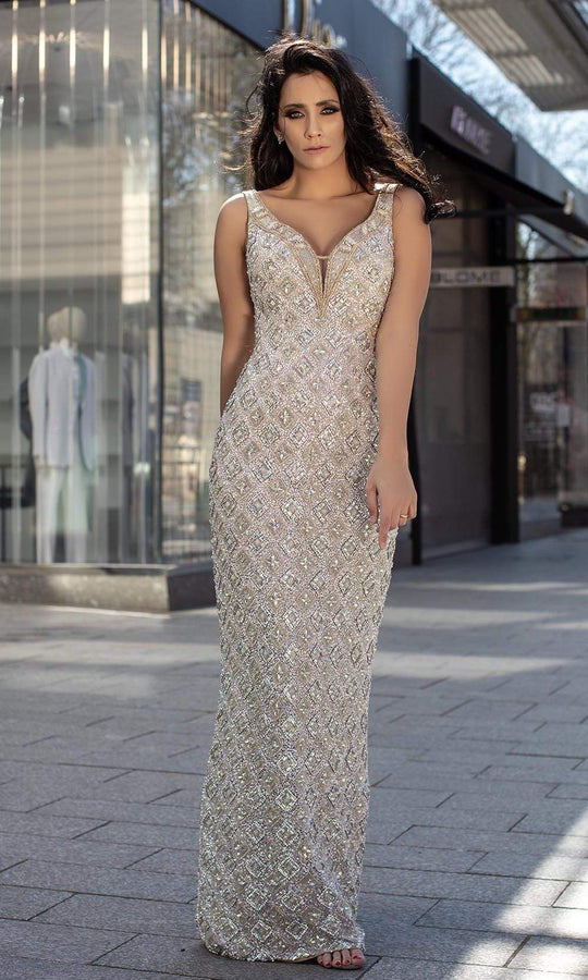 Chic and Holland - HF1544 Embellished Deep V-Neck Junior Prom Dress