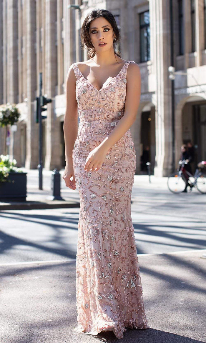 Chic and Holland - HF1564 Beaded Scoop Back Long Dress Special Occasion Dress 0 / Blush